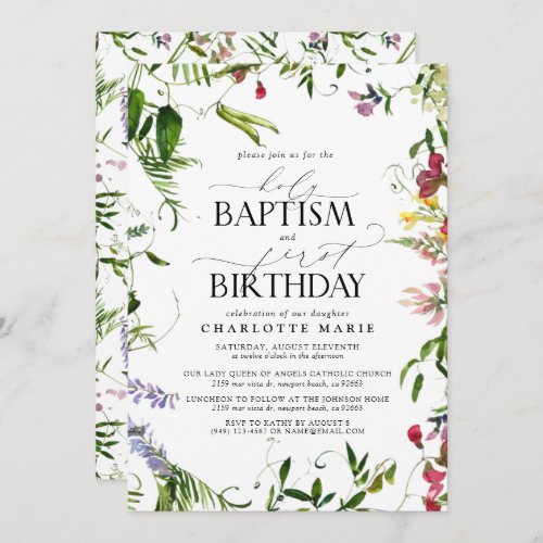 Elegant Summer Wildflower Baptism 1st Birthday Invitation