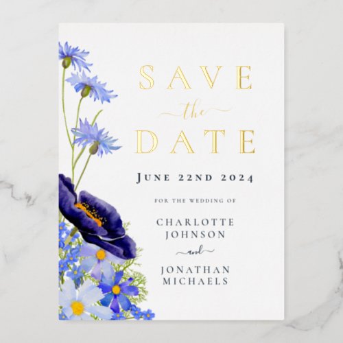 Elegant Summer Wildflower Blue Gold Wedding Foil Invitation Postcard
