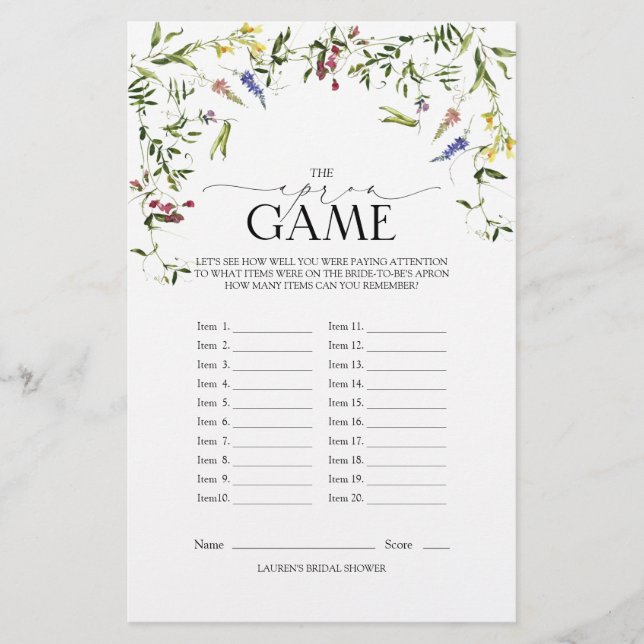 Elegant Summer Wildflower Bridal Shower Game (Front)