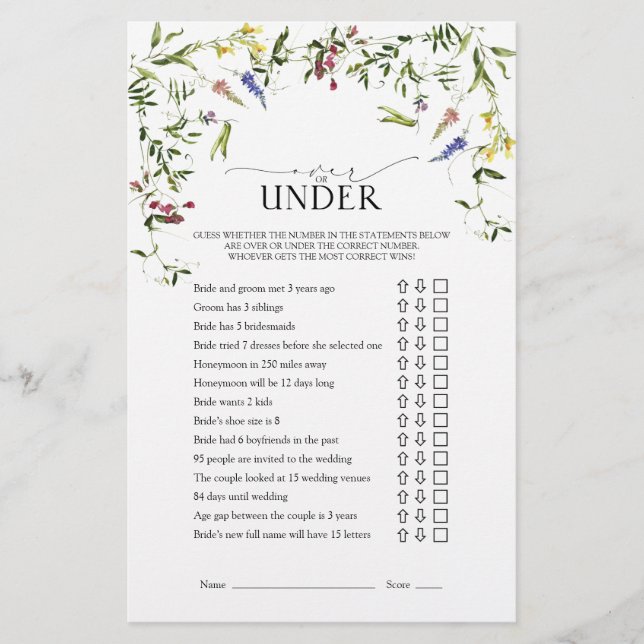 Elegant Summer Wildflower Bridal Shower Game (Front)