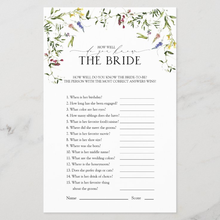 Elegant Summer Wildflower Bridal Shower Game | Zazzle