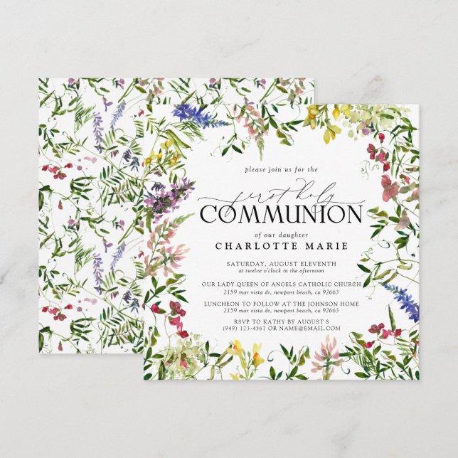 Elegant Summer Wildflower First Holy Communion Invitation (Front/Back)