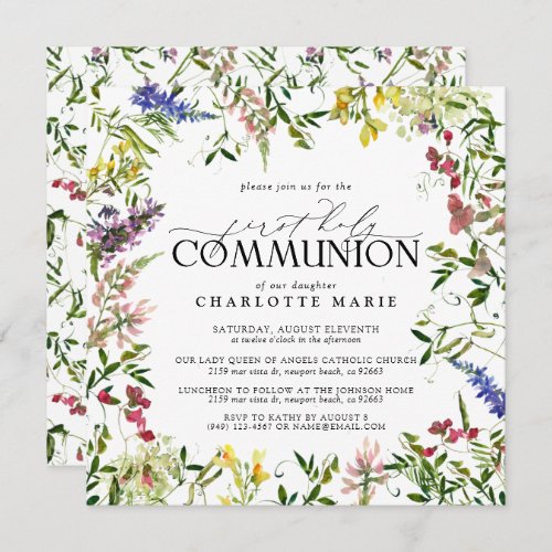 Elegant Summer Wildflower First Holy Communion Invitation