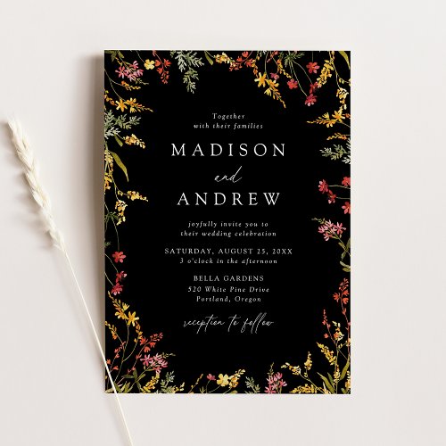 Elegant Summer Wildflower Frame Black Wedding Invitation