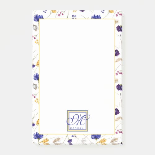 Elegant Summer Wildflower Pattern Monogrammed Post_it Notes