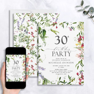Elegant Summer Wildflower Watercolor 30th Birthday Invitation