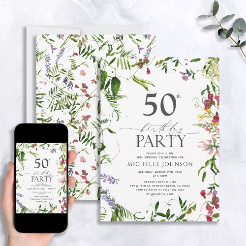 Elegant Summer Wildflower Watercolor 50th Birthday Invitation
