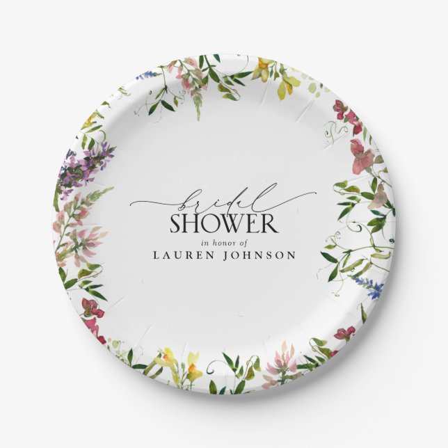 Elegant Summer Wildflower Watercolor Bridal Shower Paper Plates (Front)