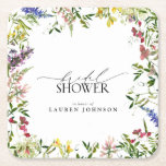 Elegant Summer Wildflower Watercolor Bridal Shower Square Paper Coaster<br><div class="desc">A unique bridal shower coaster, this trendy design features watercolor summer wildflowers such as sweet pea, lupines, snapdragons, and more, in bright, summery shades of pink, lilac, lavender, yellows, blues and delicate green botanical leaves. Personalize your bridal shower details in black, accented with beautiful modern hand lettered calligraphy. Veiw suite...</div>