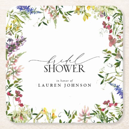 Elegant Summer Wildflower Watercolor Bridal Shower Square Paper Coaste