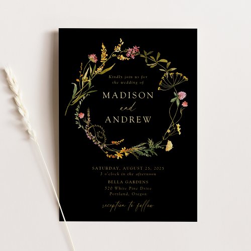Elegant Summer Wildflower Wreath Black Wedding Foil Invitation