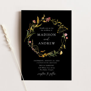 Elegant Summer Wildflower Wreath Black Wedding Invitation