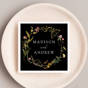 Elegant Summer Wildflower Wreath Black Wedding Napkins