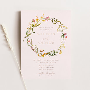 Elegant Summer Wildflower Wreath Blush Wedding Foil Invitation