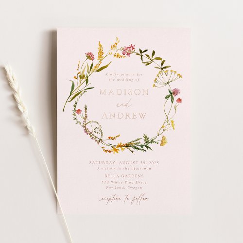 Elegant Summer Wildflower Wreath Blush Wedding Foil Invitation