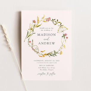 Elegant Summer Wildflower Wreath Blush Wedding Invitation