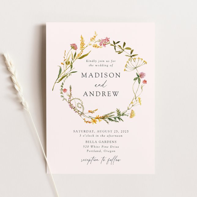 Elegant Summer Wildflower Wreath Blush Wedding Invitation (Creator Uploaded)