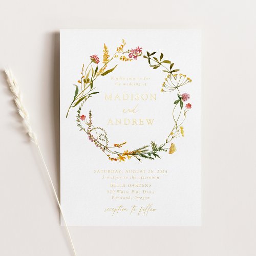 Elegant Summer Wildflower Wreath Wedding Foil Invitation