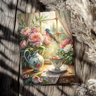 Elegant summer window with bird pink peonies tissue paper