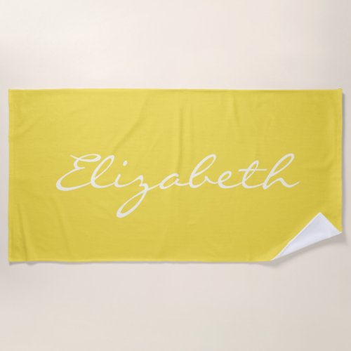 Elegant Summer Yellow Handwritten Script Name   Beach Towel