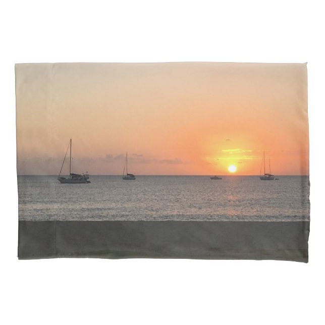 Elegant Sun Sunset Blue Ocean Sea Boats Tropical  Pillow Case (Front)