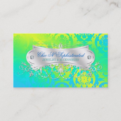 Customizable Elegant Sunburst Damask Swirl Teal Yellow Green Business Card Template