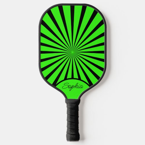 Elegant Sunburst Pattern Custom Name Neon Green Pickleball Paddle