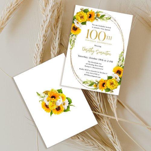Elegant Sunflower 100th Birthday Party Invitation