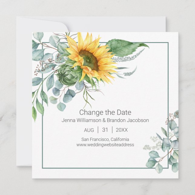 Elegant Sunflower and Eucalyptus Change the Date Save The Date (Front)