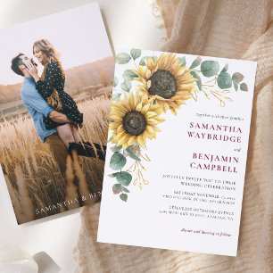 Elegant Sunflower and Photo Wedding Letterpress Photo Cards
