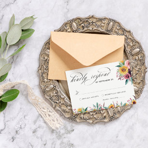 Elegant Sunflower and Rose Burgundy Floral Wedding RSVP Card