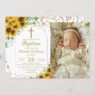 Elegant Sunflower Arch Gold Glitter Baptism Photo Invitation