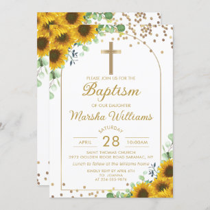 Elegant Sunflower Arch Gold Glitter Girl Baptism Invitation