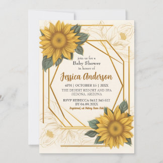 Elegant Sunflower Baby Shower Drawing Gold Frame Invitation