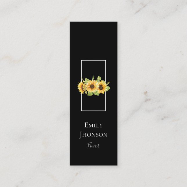 Elegant Sunflower Black Mini Business Card (Front)