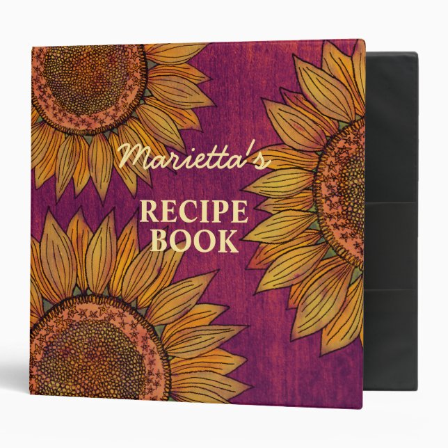 Elegant Sunflower Boho Purple Personalized Recipe 3 Ring Binder (Front/Inside)