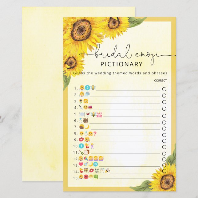Elegant sunflower bridal shower emoji game (Front/Back)