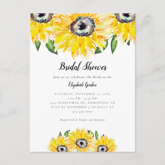 Elegant Sunflower Bridal Shower Invite Watercolor (Front)