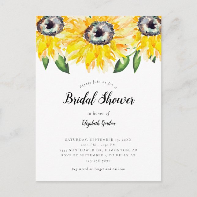Elegant Sunflower Bridal Shower Invite Watercolor (Front)