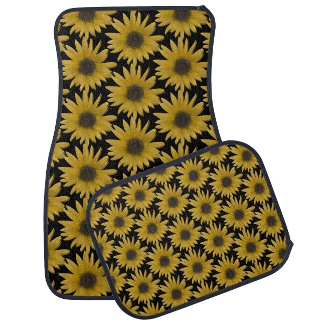 Elegant Sunflower Buds Pattern Black Car Floor Mat (Set)