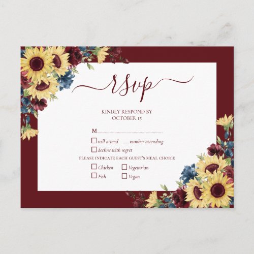 Elegant Sunflower Burgundy Navy Blue Wedding RSVP Invitation Postcard