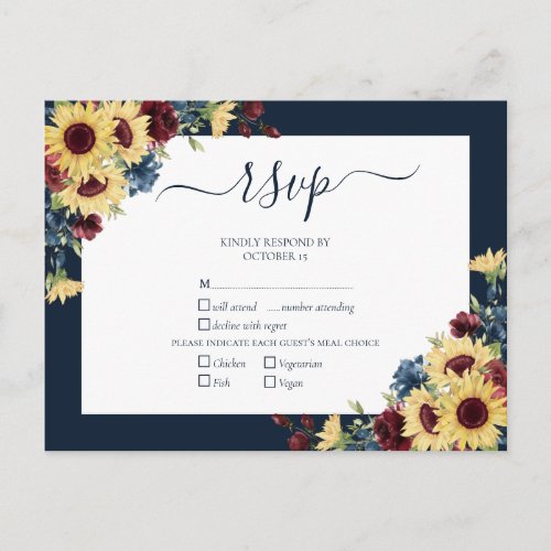 Elegant Sunflower Burgundy Navy Blue Wedding RSVP Invitation Postcard