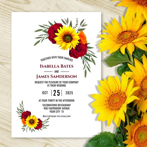 Elegant Sunflower Burgundy Rose Wedding Invitation