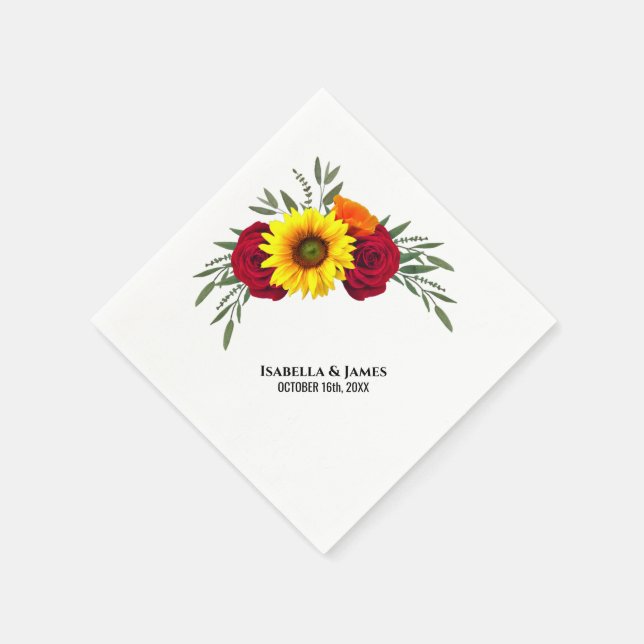 Elegant Sunflower Burgundy Rose Wedding Napkins (Corner)
