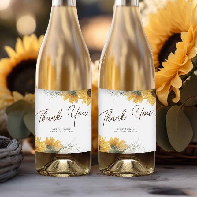 Elegant sunflower, country fall wedding favor sparkling wine label (Sunflower thank you wine labels, for rustic wedding reception.)