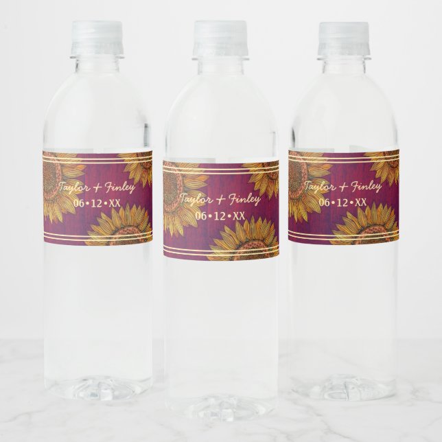  Elegant Sunflower Country Rustic Burgundy Wedding Water Bottle Label (Bottles)