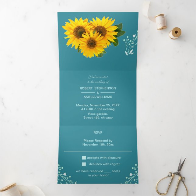 Elegant Sunflower Customized Wedding Tri-Fold Invitation (Inside)