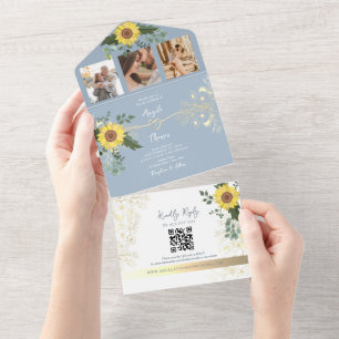 Elegant Sunflower Dusty Blue Wedding All In One Invitation