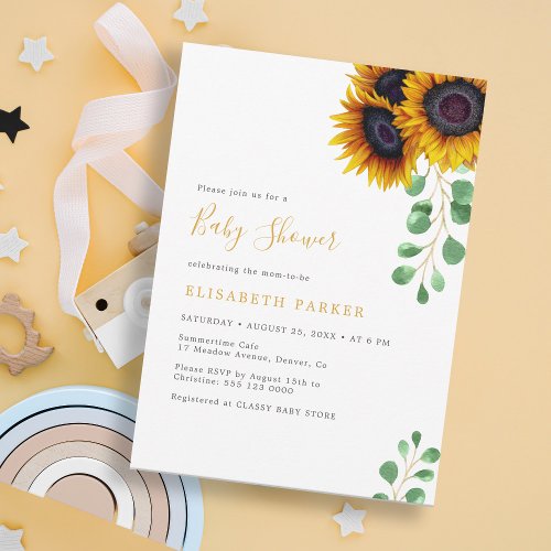 Elegant sunflower eucalyptus baby shower invitation