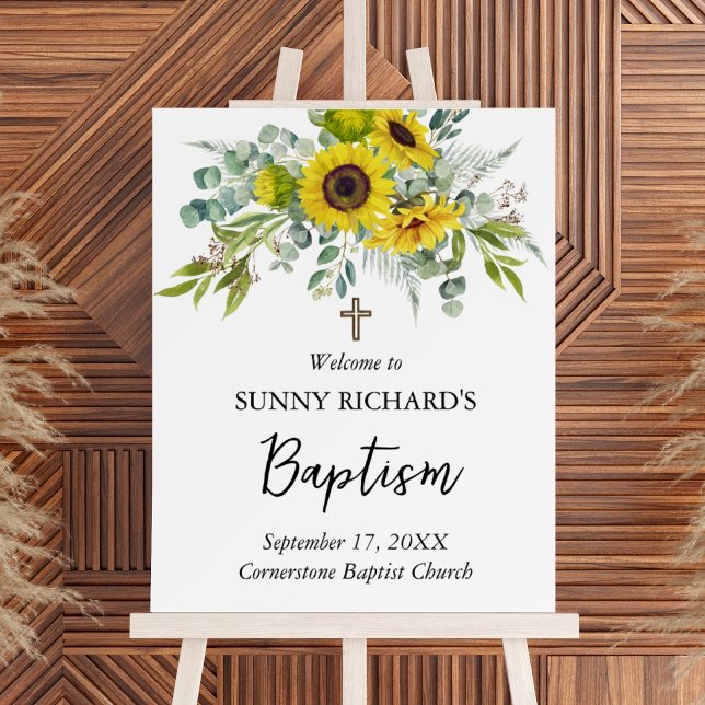 Elegant Sunflower & Eucalyptus Boho Cross Baptism Foam Board (Creator Uploaded)